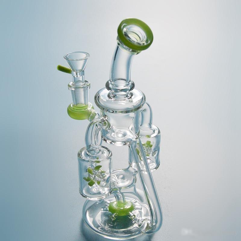 Unique Glass Bong Double Recycler Dab Rigs Propeller Perc Percolator Heady Glass Water Pipes Green Purple Oil Rig Propeller Waterpipe XL167