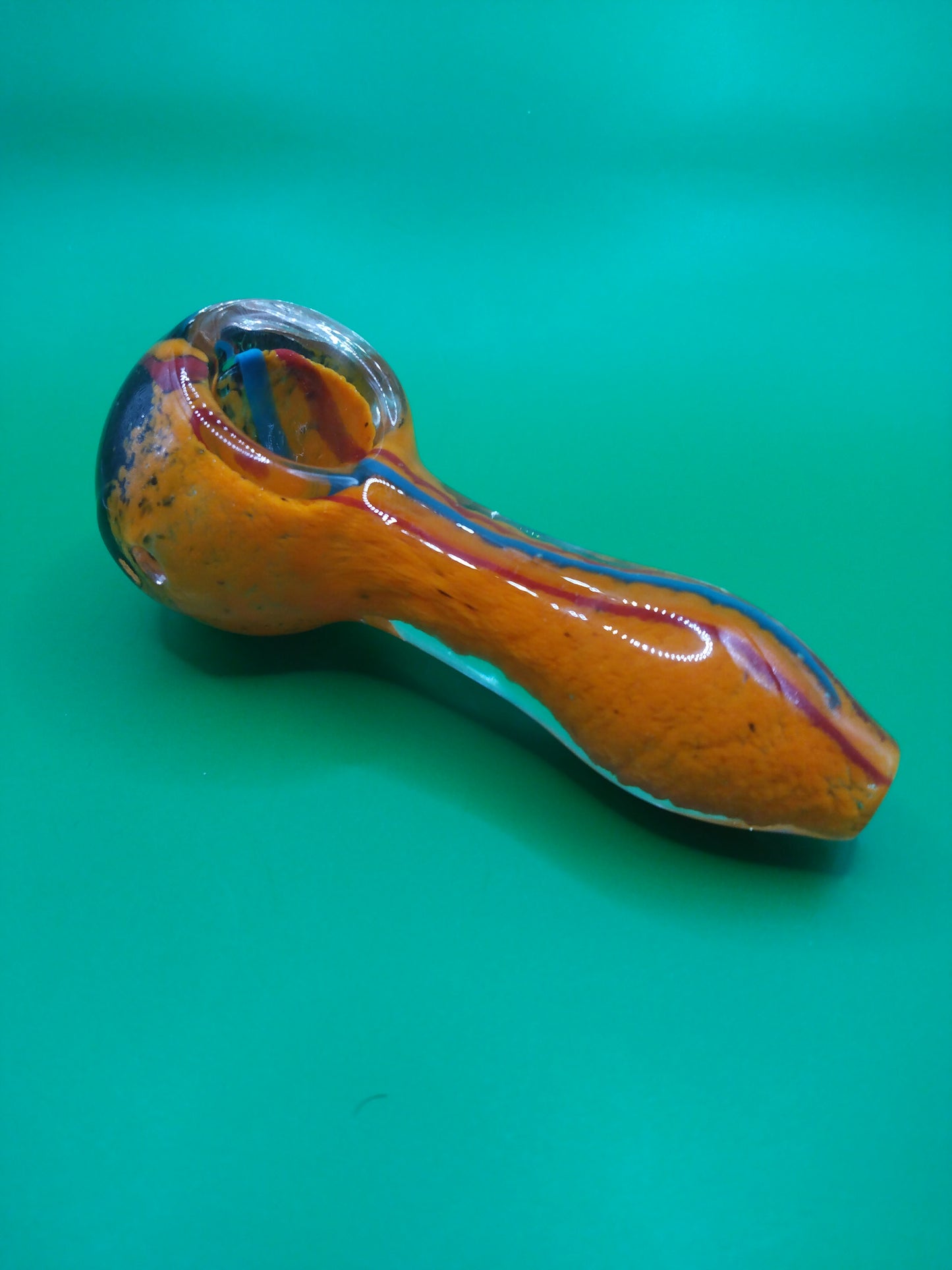 4" Orange, Blue, & Maroon, Striped, Glass Hand Pipe (Spoon)