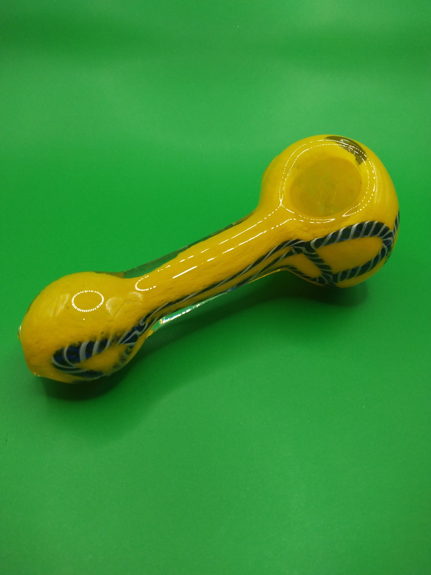 4" Yellow and Blue Striped Glass Hand Pipe (Spoon)