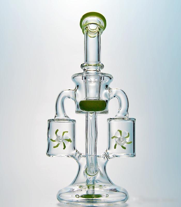 Unique Glass Bong Double Recycler Dab Rigs Propeller Perc Percolator Heady Glass Water Pipes Green Purple Oil Rig Propeller Waterpipe XL167